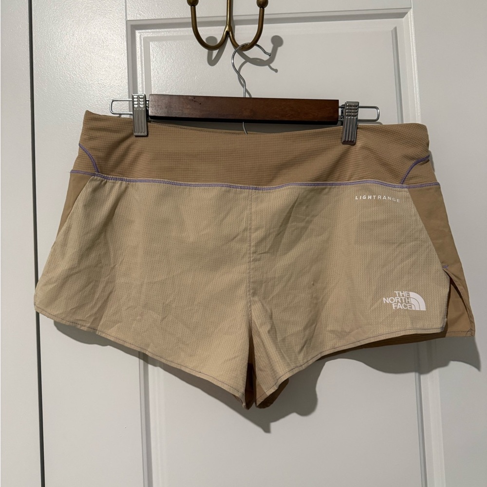 The North Face Women's Lightrange Beige Athletic Shorts with Purple Trim